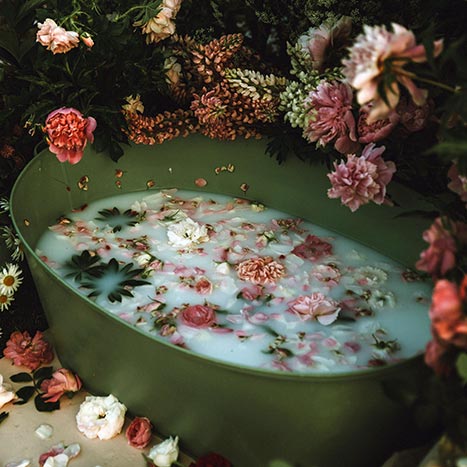 bathroom tub filled with rose flowers and milk